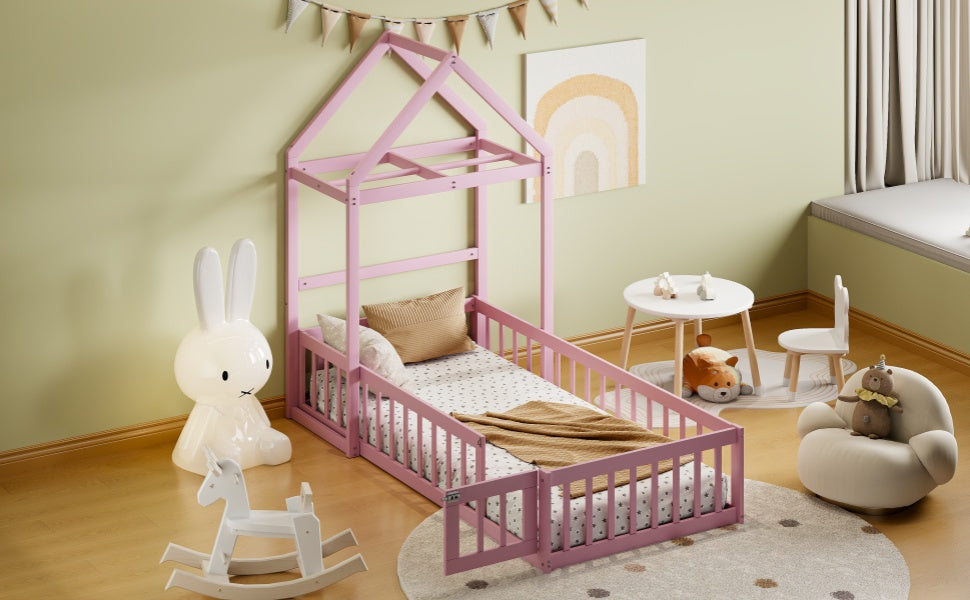 Wooden Twin Size Children's Bed with Detachable Headboard and Integrated Clothes Drying Rack, Pink