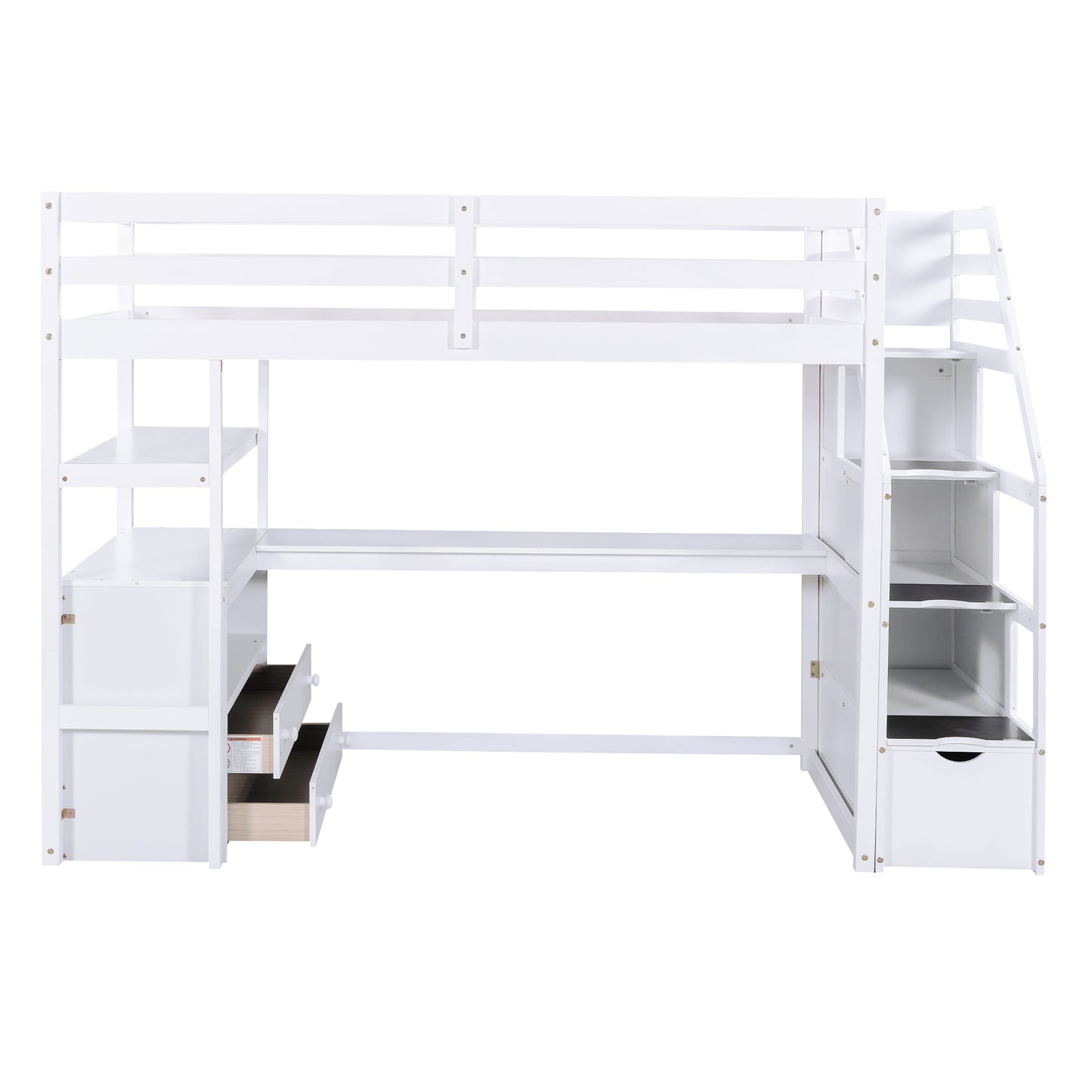 Twin Size Loft Bed with Desk and Shelves  Two Built-in Drawers  Storage Staircase White