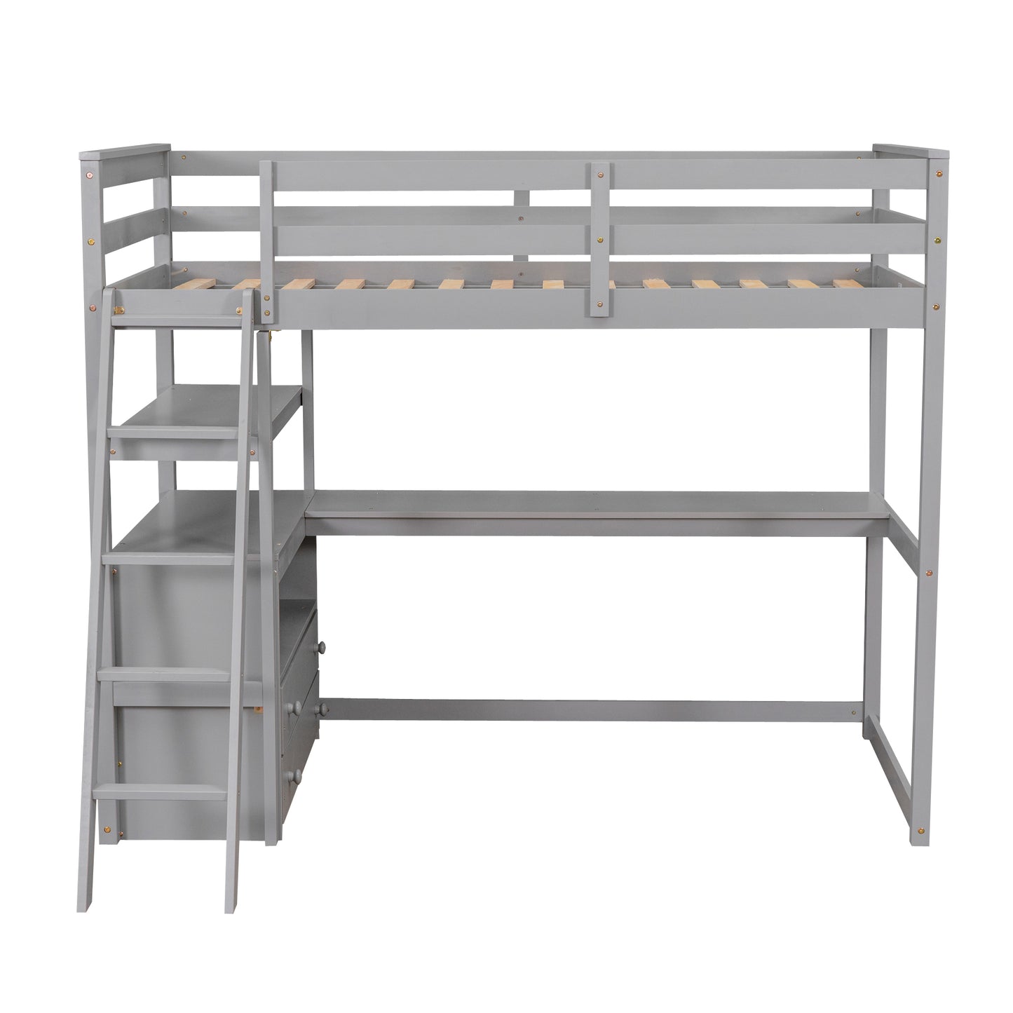 Twin Size Loft Bed with Desk and Shelves, Two Built-in Drawers, Gray