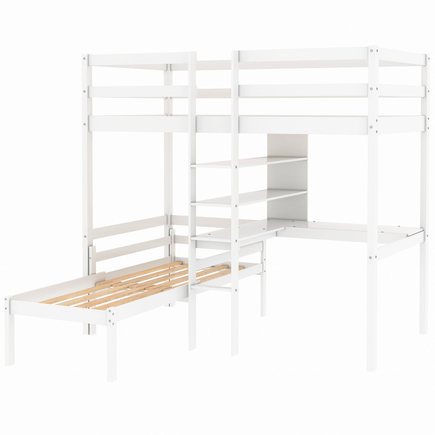 Convertible Loft Bed with L-Shape Desk, Twin Bunk Bed with Shelves and Ladder White