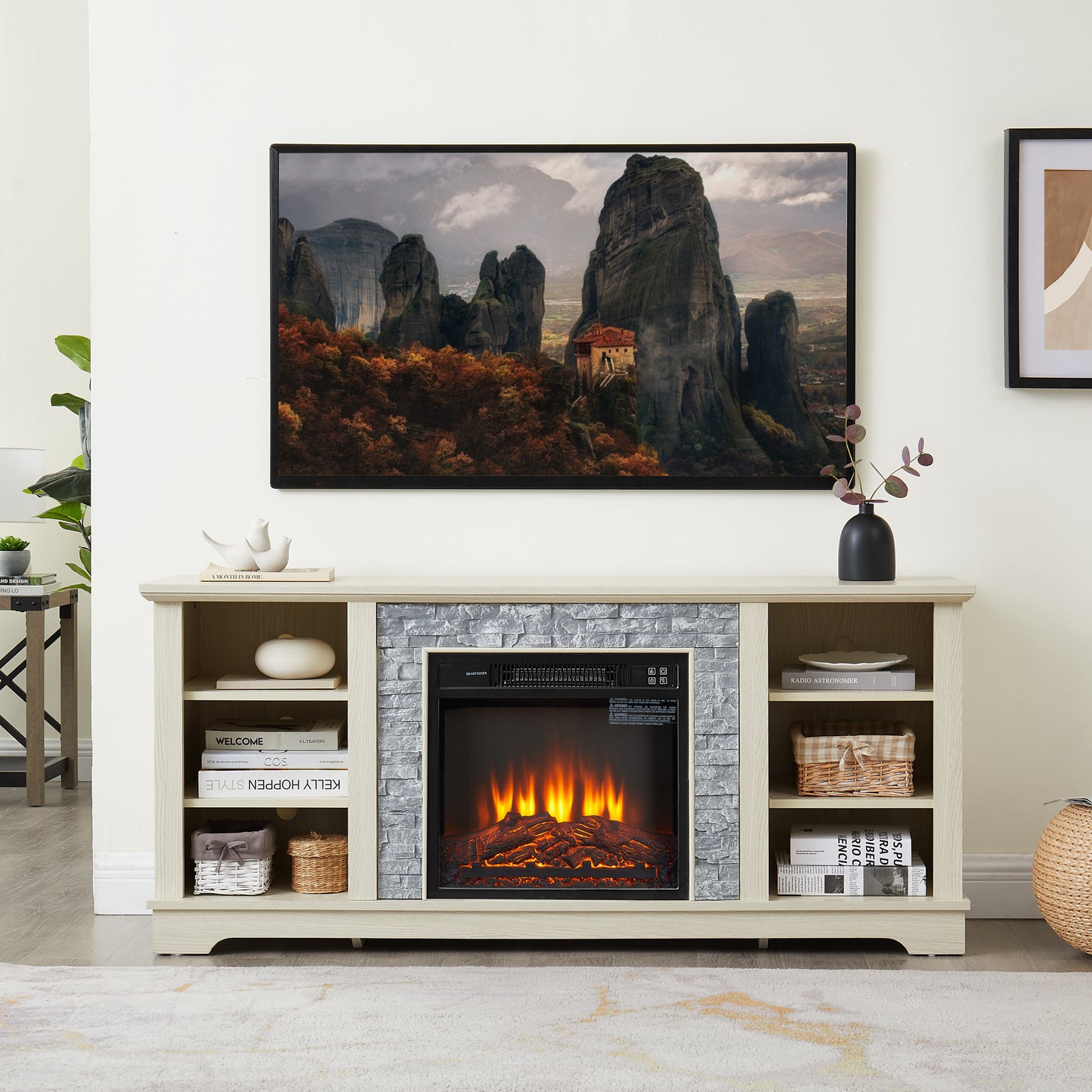 Soporte para TV con chimenea eléctrica de piedra con consola de almacenamiento abierta e inserto de chimenea de 18 pulgadas, color blanco