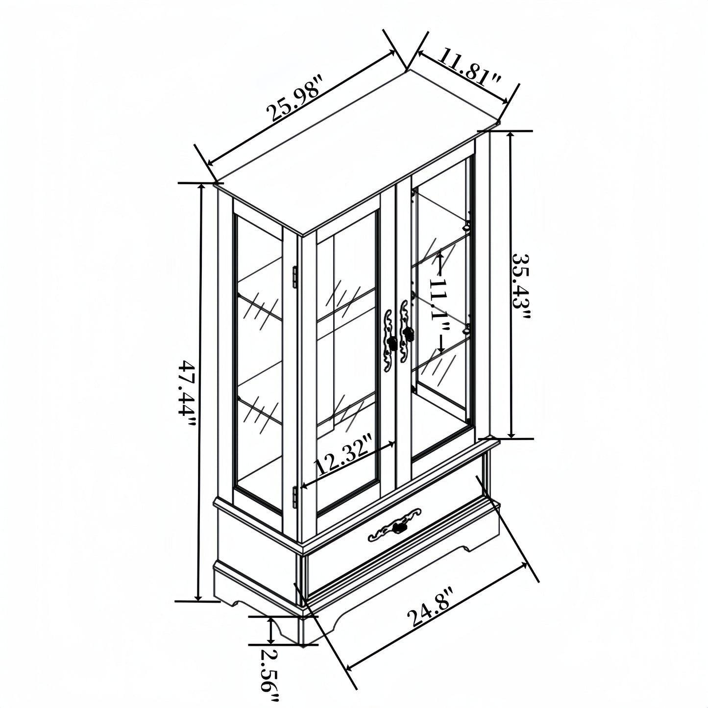 Light colored glass cabinet Curio display cabinet with adjustable glass frame, 2 doors and 1 drawer, including white light bulbs