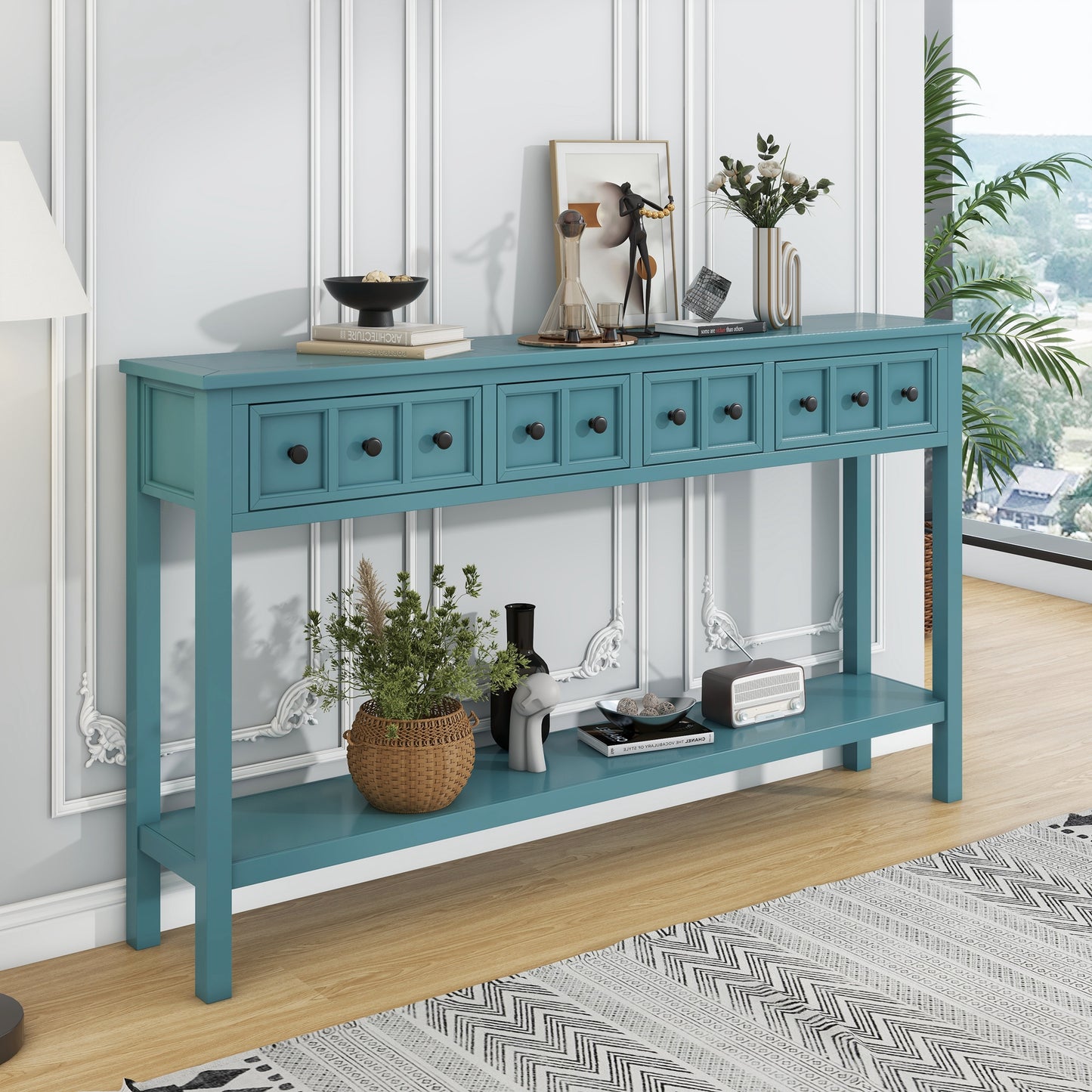 TREXM Rustic Entryway Console Table, 60-Inch Long Sofa Table with Two Drawers and Bottom Shelf, Antique Turquoise