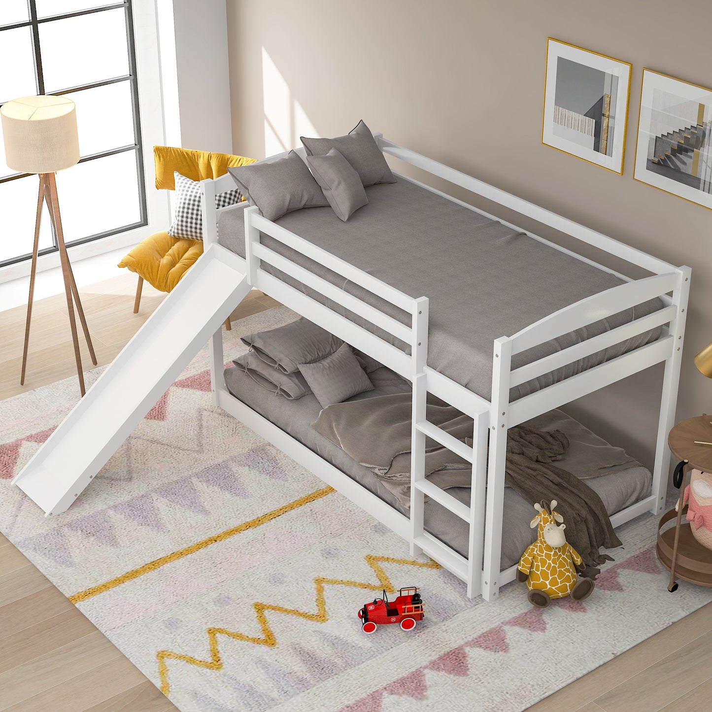 Twin over Twin Bunk Bed with Convertible Slide and Ladder   White