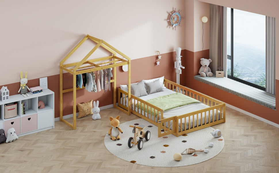 Wooden Full Size Children's Bed with Detachable Headboard and Integrated Clothes Drying Rack, Natural