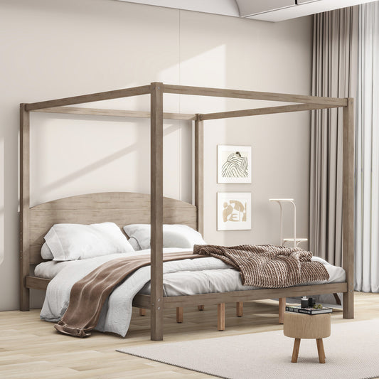 King Size Canopy Platform Bed with Headboard and Support Legs, Brown Wash