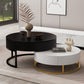 Modern Round Lift-Top Nesting Coffee Tables with 2 Drawers, White and Black Finish