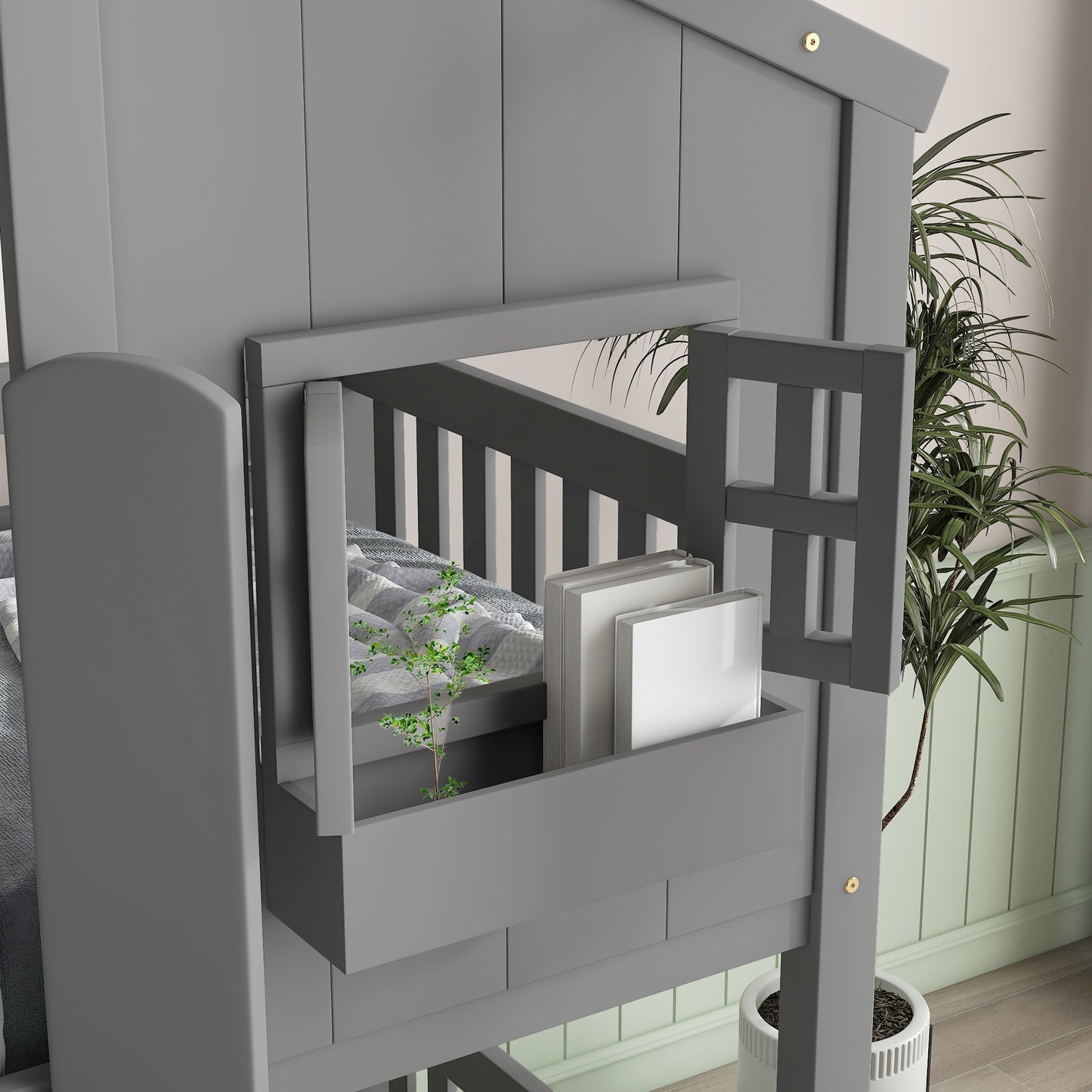 Twin over Twin House Bunk Bed with Roof , Window, Window Box, Door , with Safety Guardrails and Ladder, Grey