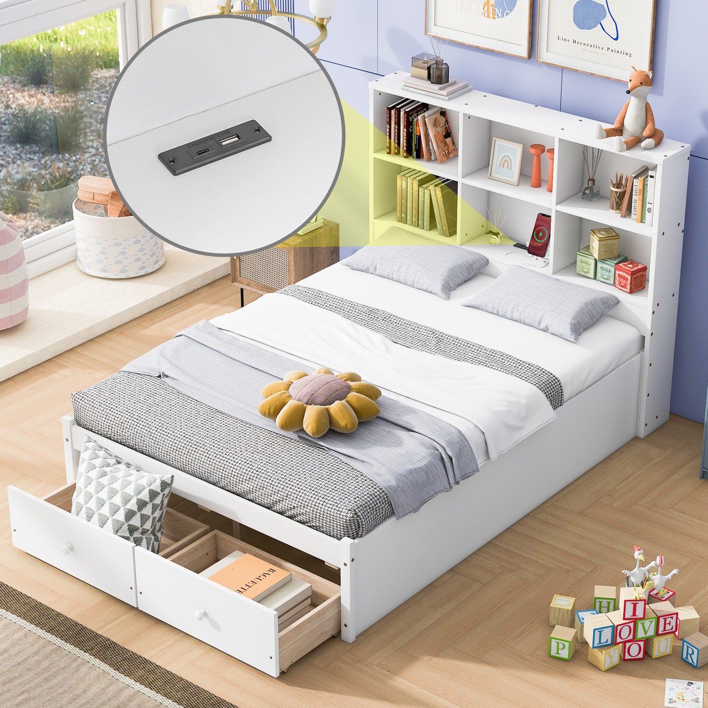 Full Size Platform Bed with Storage Headboard, Charging Station and 2 Drawers White