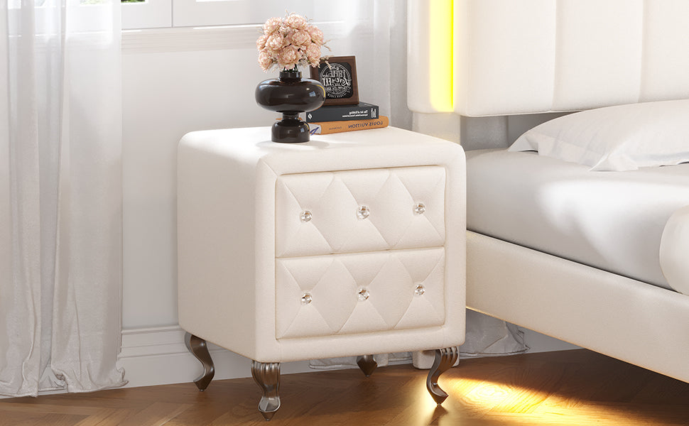 Elegant PU bedside table with 2 drawers and crystal handles, storage with metal legs - white