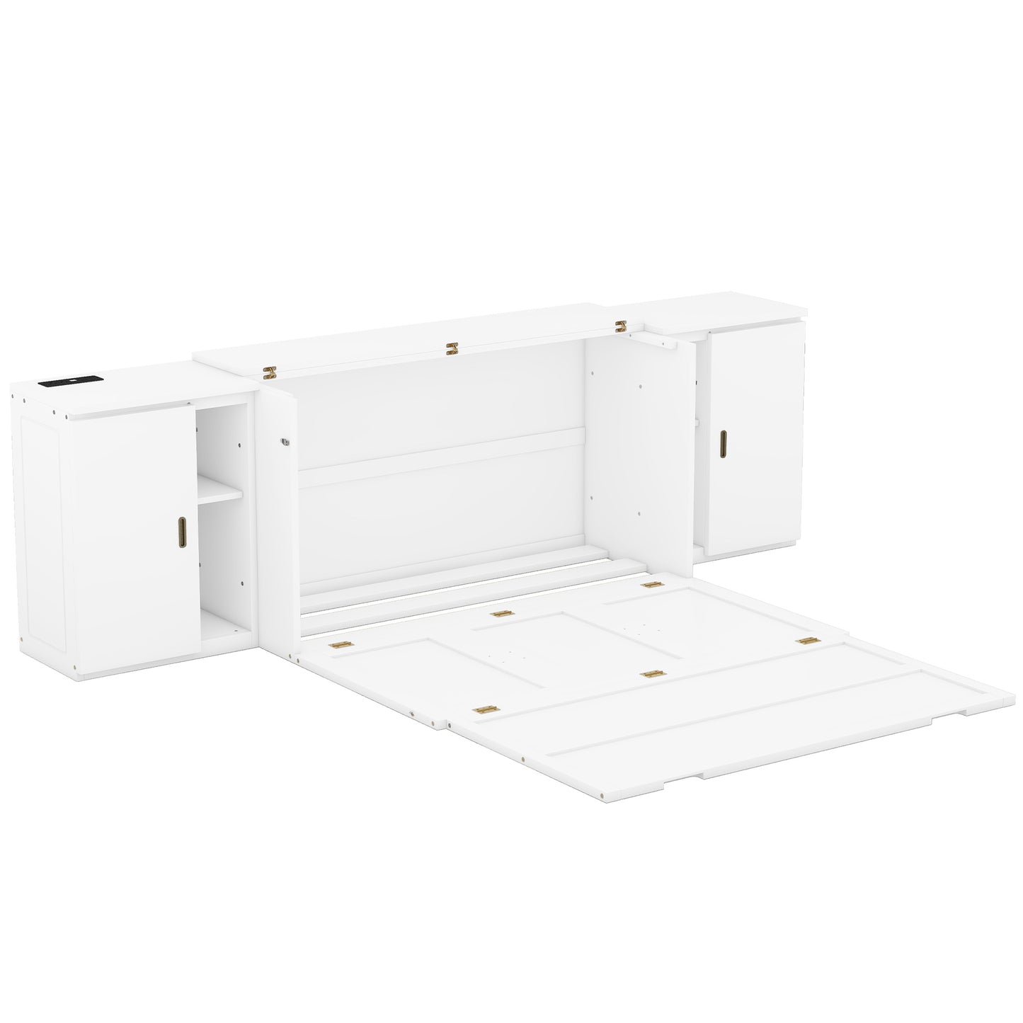 Cama plegable tamaño queen con estantes, gabinetes y puertos USB, acabado blanco para habitaciones que ahorran espacio