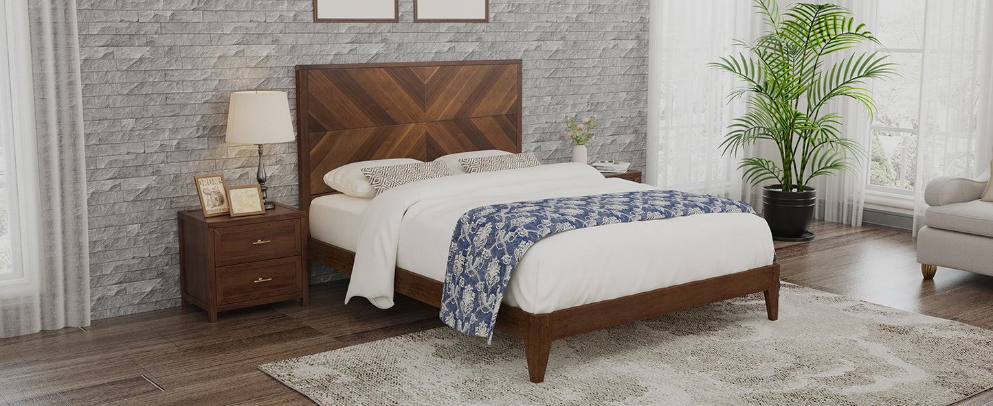 Mid-Century Modern Platform Bed Wood Slat Support with No Box Spring Needed,Queen, Walnut