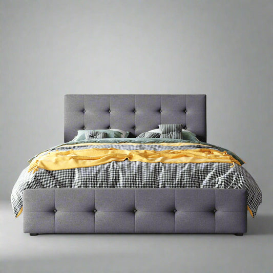 Upholstered Platform Bed with Classic Headboard and 4 Drawers Linen Fabric Queen Size Dark gray