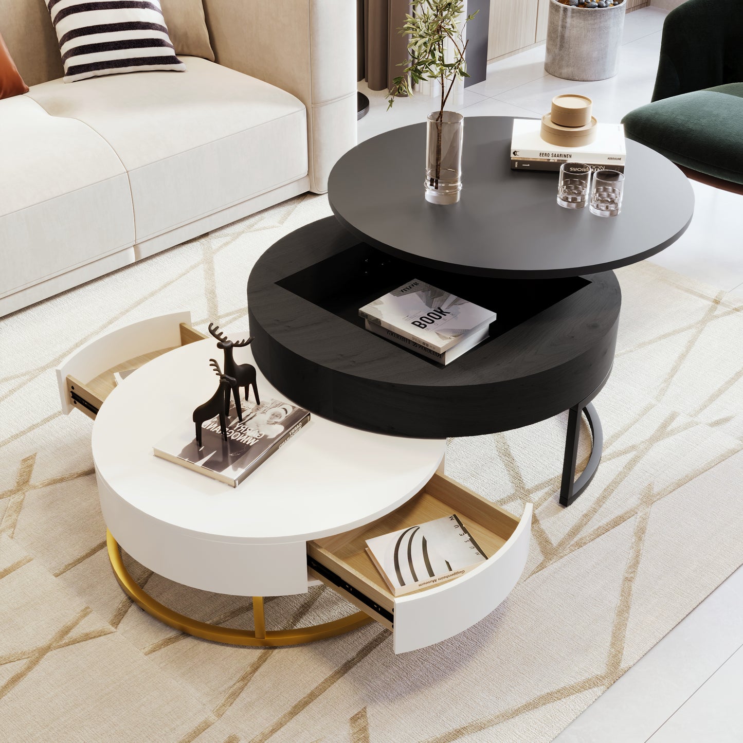 Modern Round Lift-Top Nesting Coffee Tables with 2 Drawers, White and Black Finish