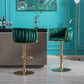 Set of 2 Bar Stools with Chrome Footrest and Swivel Base, Velvet Upholstery and Golden Legs, Green Finish