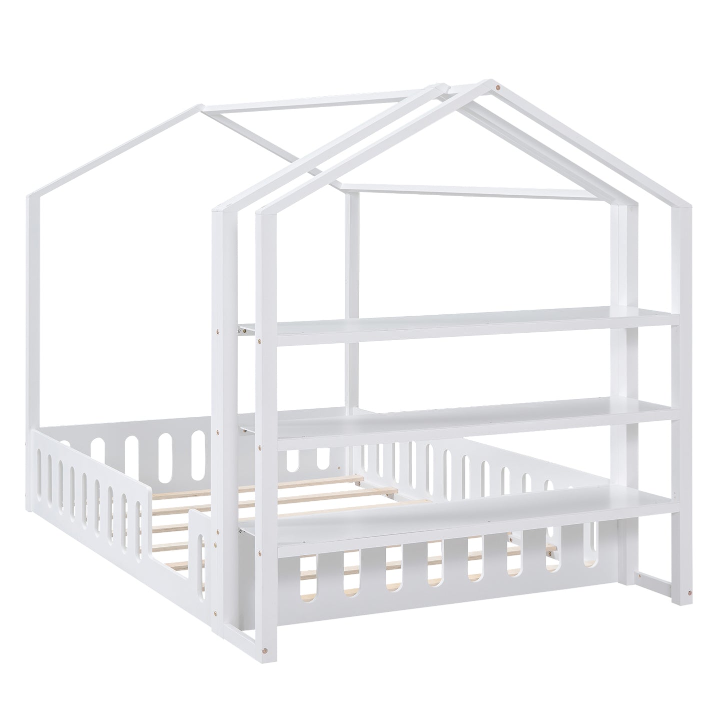 Full Size Wood House Bed with Fence and Detachable Storage Shelves, White