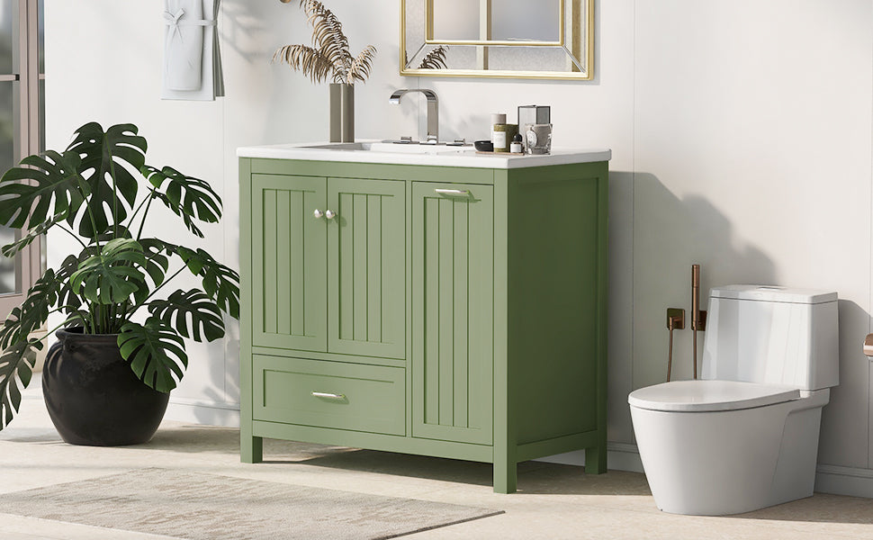 36" Bathroom Vanity with Sink, Double Door Cabinet, Large Drawer, and Flip Drawer, Green Finish