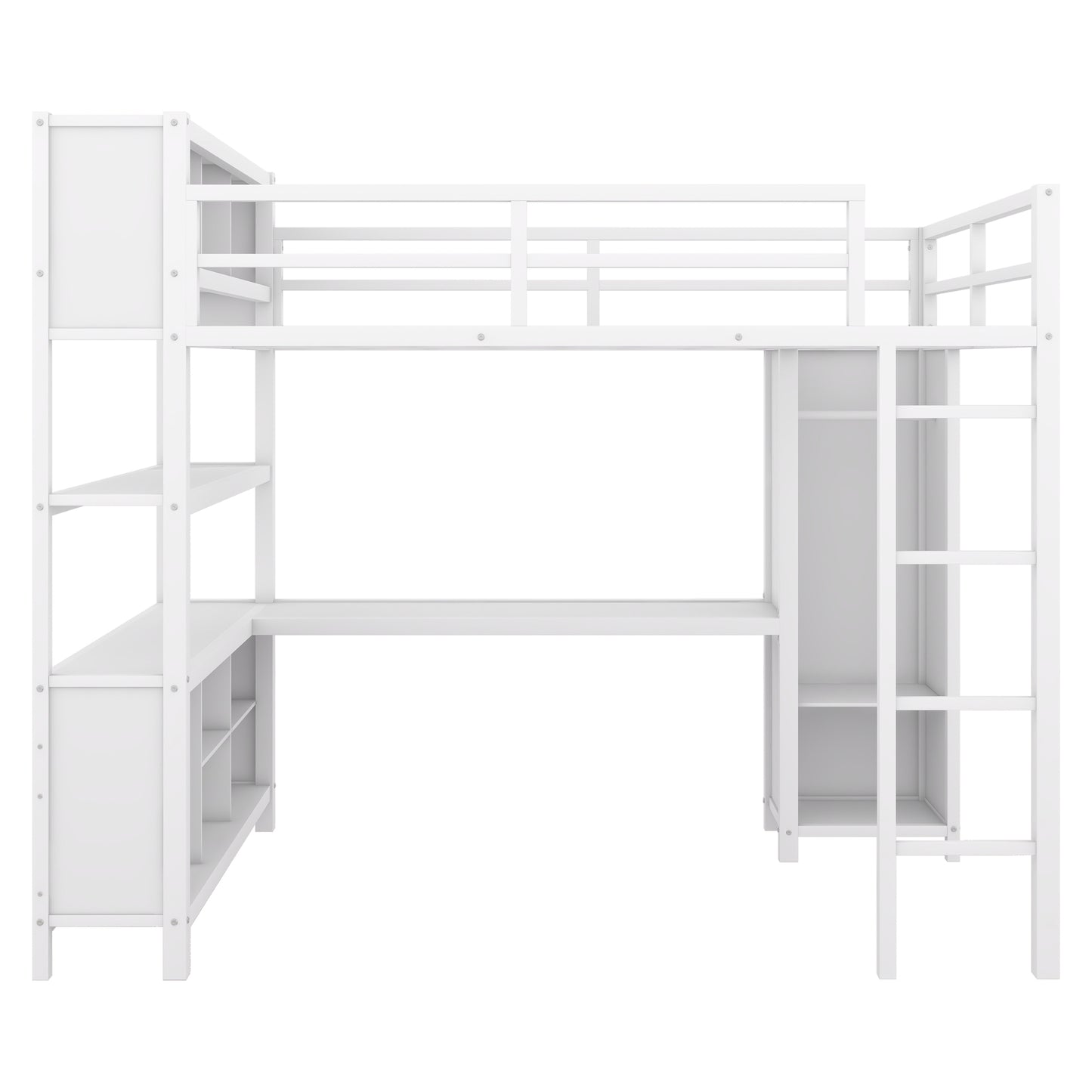 Metal loft bed with wardrobe and L-shaped desk, full-size loft bed with storage cabinet and shelf, white