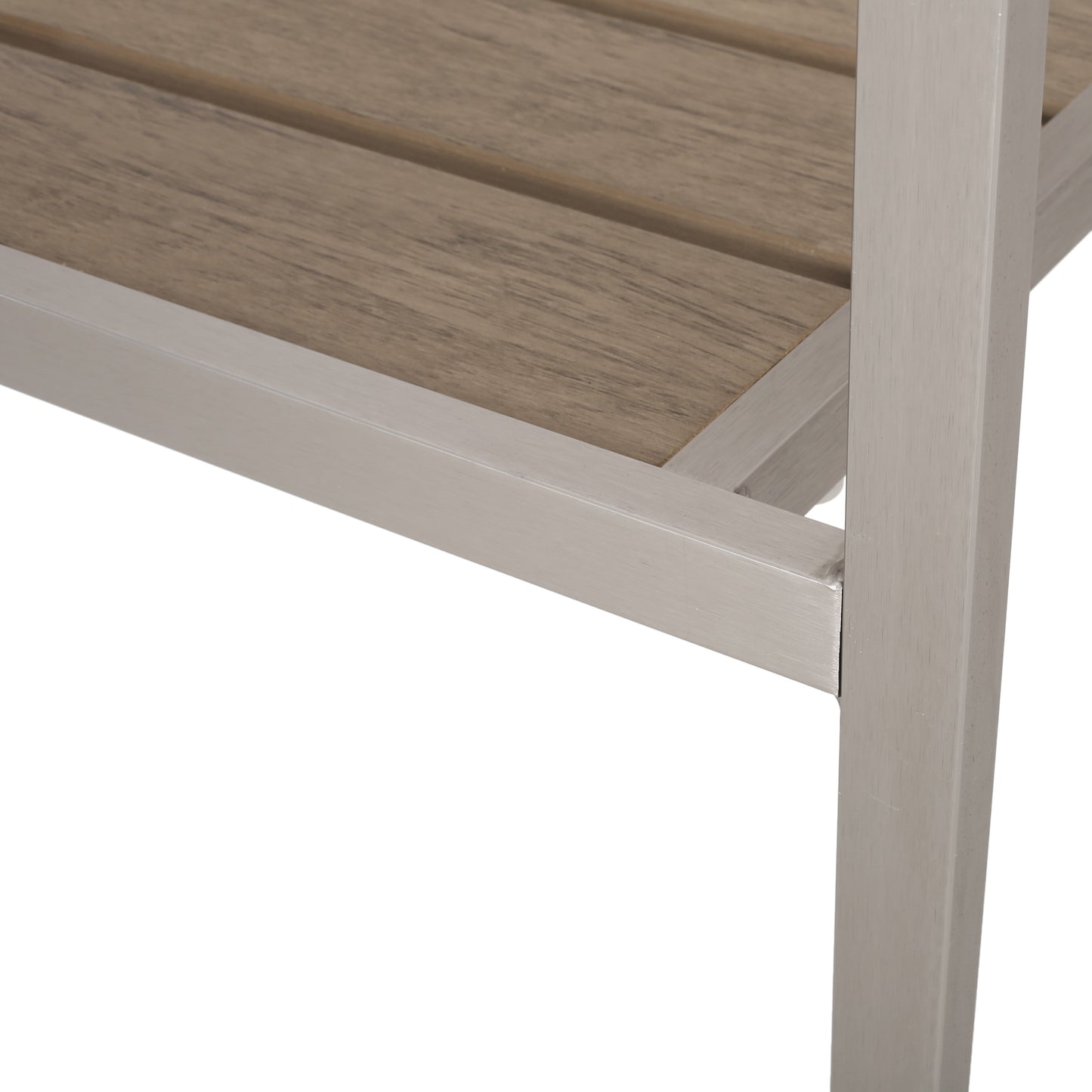 Silla de comedor moderna de aluminio para exteriores con asiento de madera sintética, juego de 2 en color natural y plateado