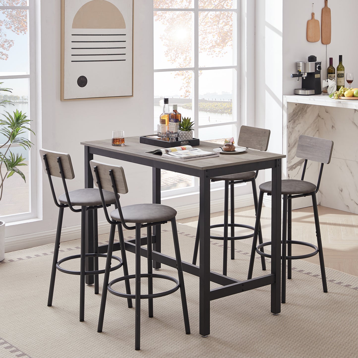 Bar Table Set with 4 Bar stools PU Soft seat with backrest Grey 47.24'' L x 23.62'' W x 35.43'' H