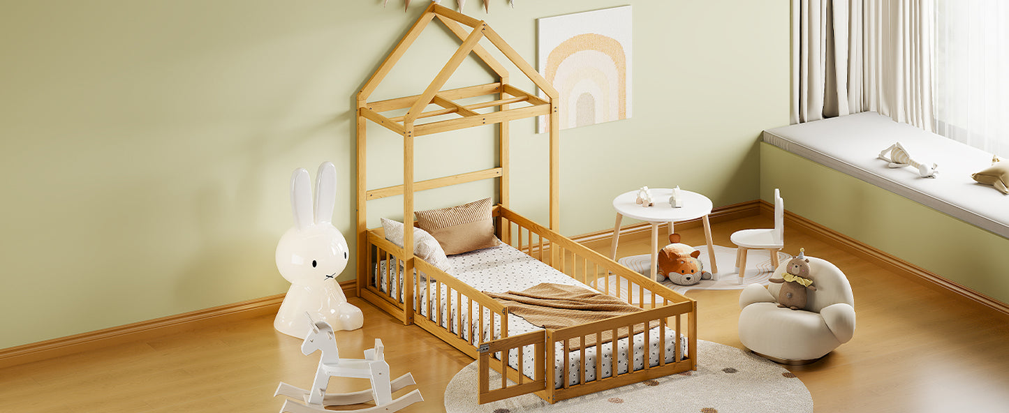 Wooden Twin Size Children's Bed with Detachable Headboard and Integrated Clothes Drying Rack, Natural