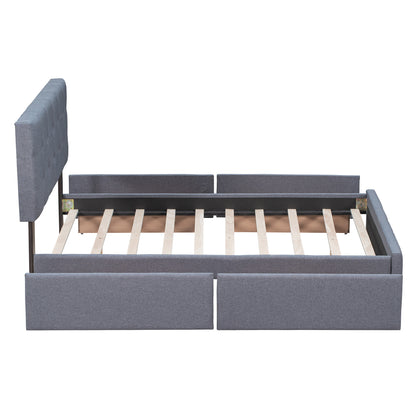 Linen Upholstered Platform Bed with Drawers Dark Gray