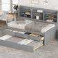 Twin Size Wooden Captain Bed with Built-in Bookshelves,Three Storage Drawers and Trundle Light Grey