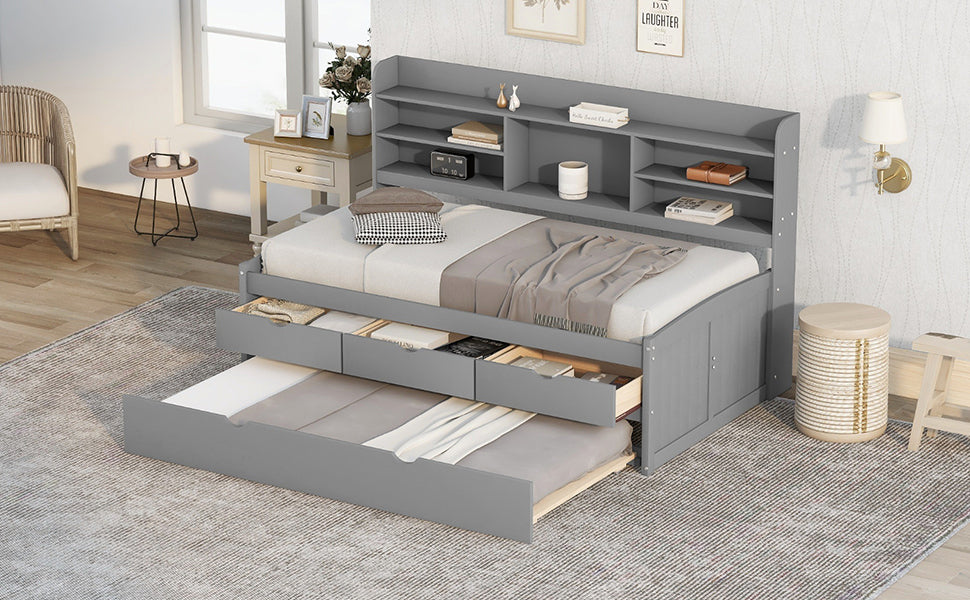 Twin Size Wooden Captain Bed with Built-in Bookshelves,Three Storage Drawers and Trundle Light Grey