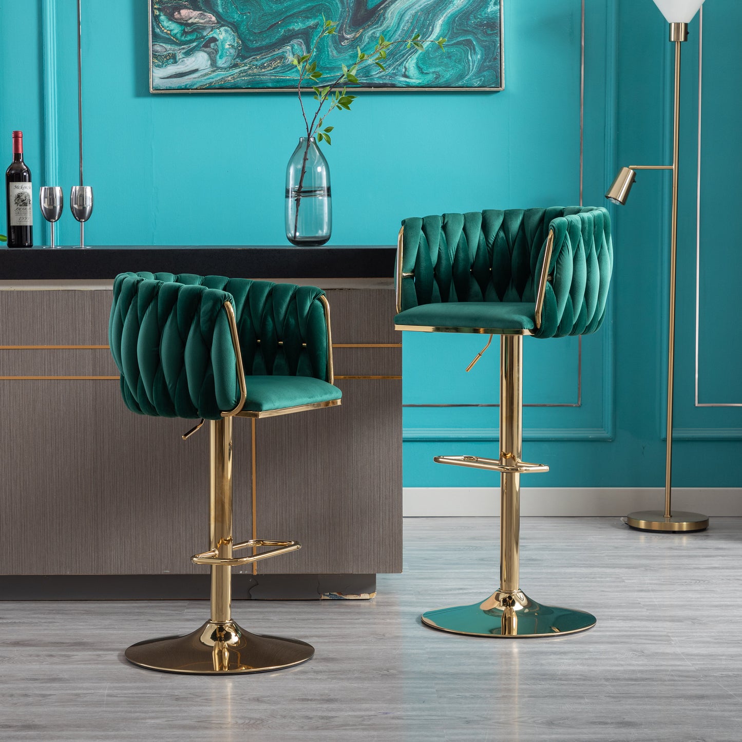 Set of 2 Bar Stools with Chrome Footrest and Swivel Base, Velvet Upholstery and Golden Legs, Green Finish