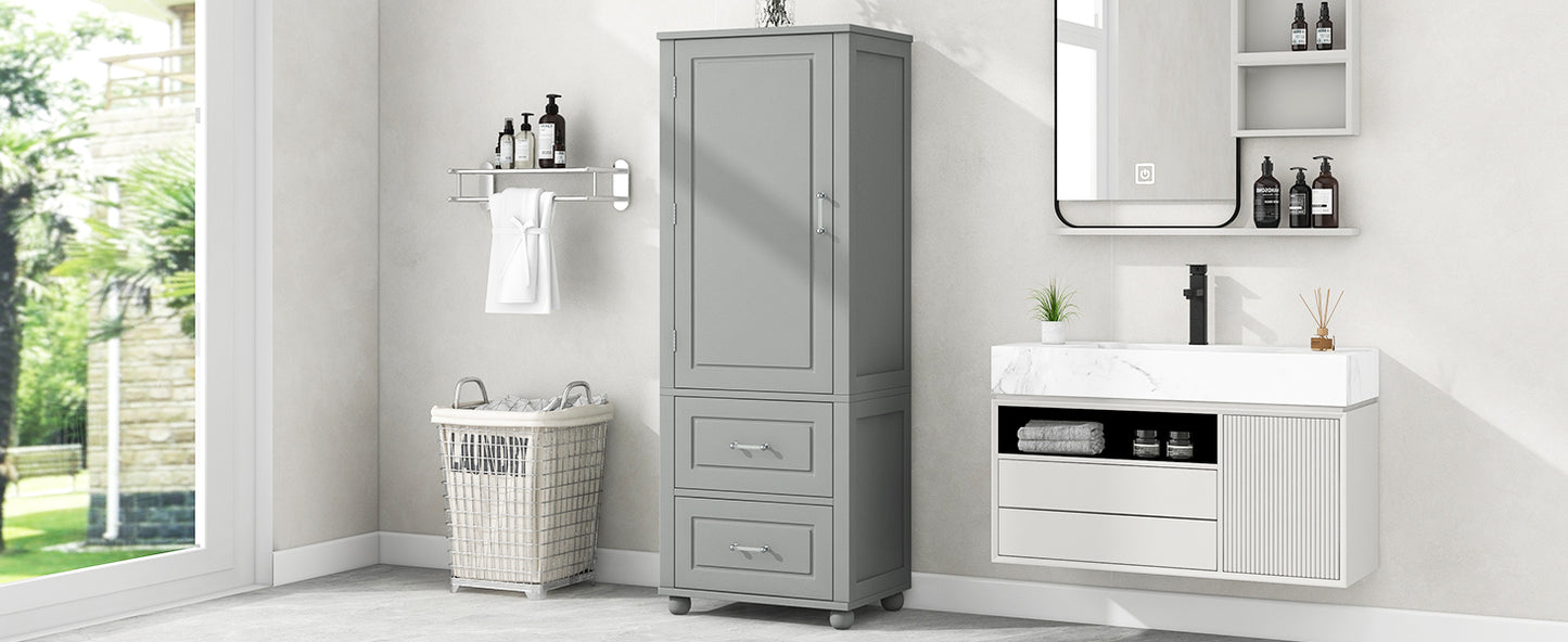 Tall Bathroom Storage Cabinet, Freestanding Storage Cabinet with Two Drawers and Adjustable Shelf, MDF Board , Grey