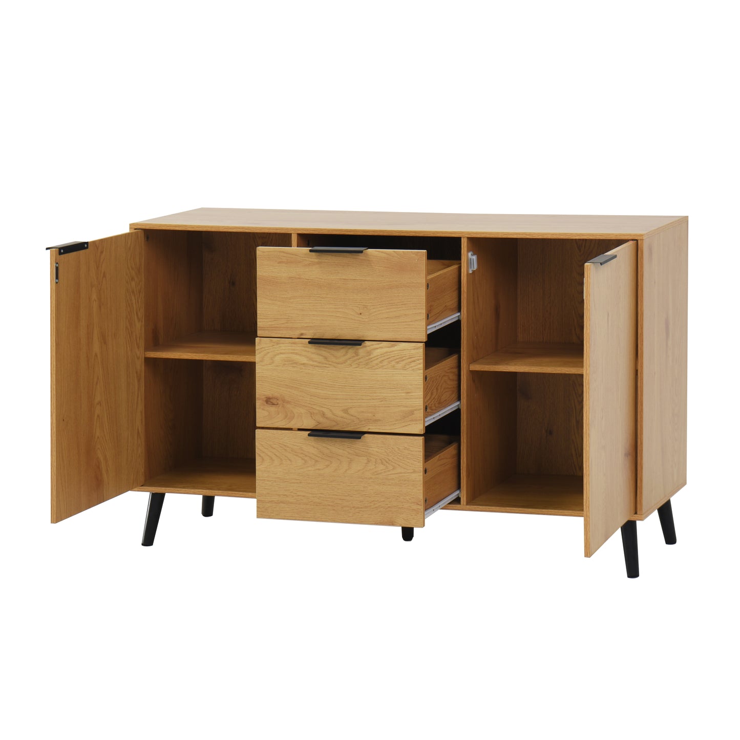 Side Panel Buffet Cabinet with 3 Drawers and 2 Doors, Natural Wood Finish for Kitchens and Dining Rooms