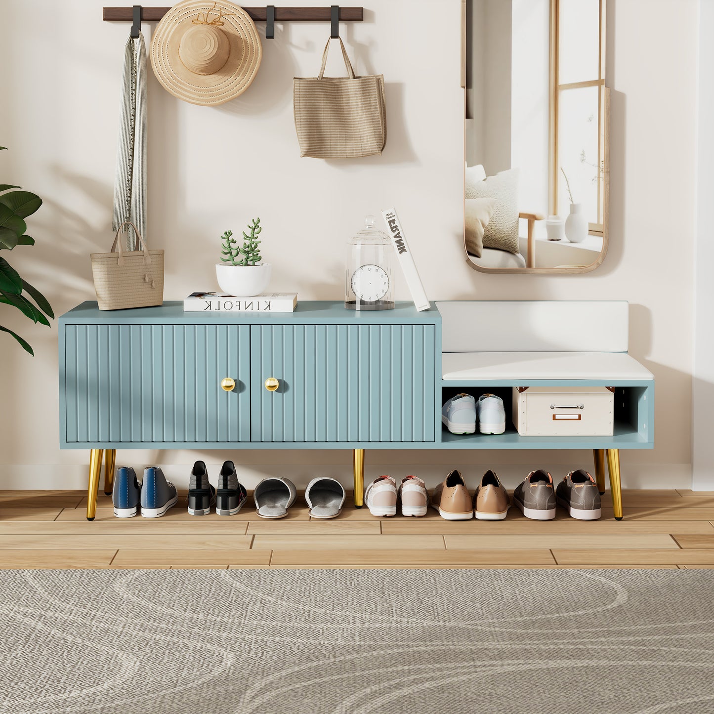 Modern Shoe Storage Bench with Hidden Storage and Upholstered Cushions, Tiffany Blue Finish