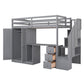 Twin Size Loft Bed with Wardrobe and Staircase  Desk and Storage Drawers and Cabinet in 1 Gray