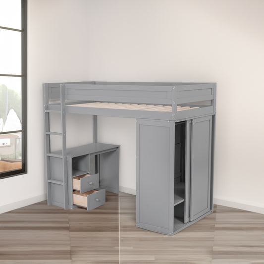 Wood Twin Size Loft Bed with Wardrobes and 2-Drawer Desk with Cabinet Gray