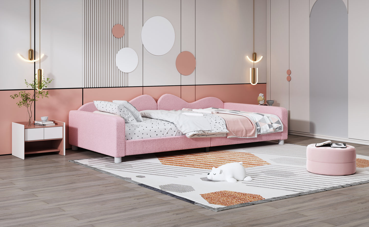 Twin size Upholstered Daybed, Sherpa Fabric Sofabed with Cloud-Shaped Backrest, No Box-spring Needed, Pink