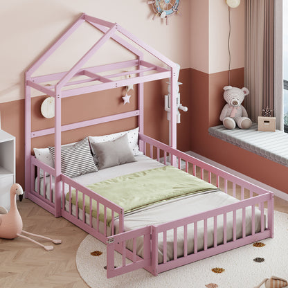 Wooden Full Size Children's Bed with Detachable Headboard and Integrated Clothes Drying Rack, Pink