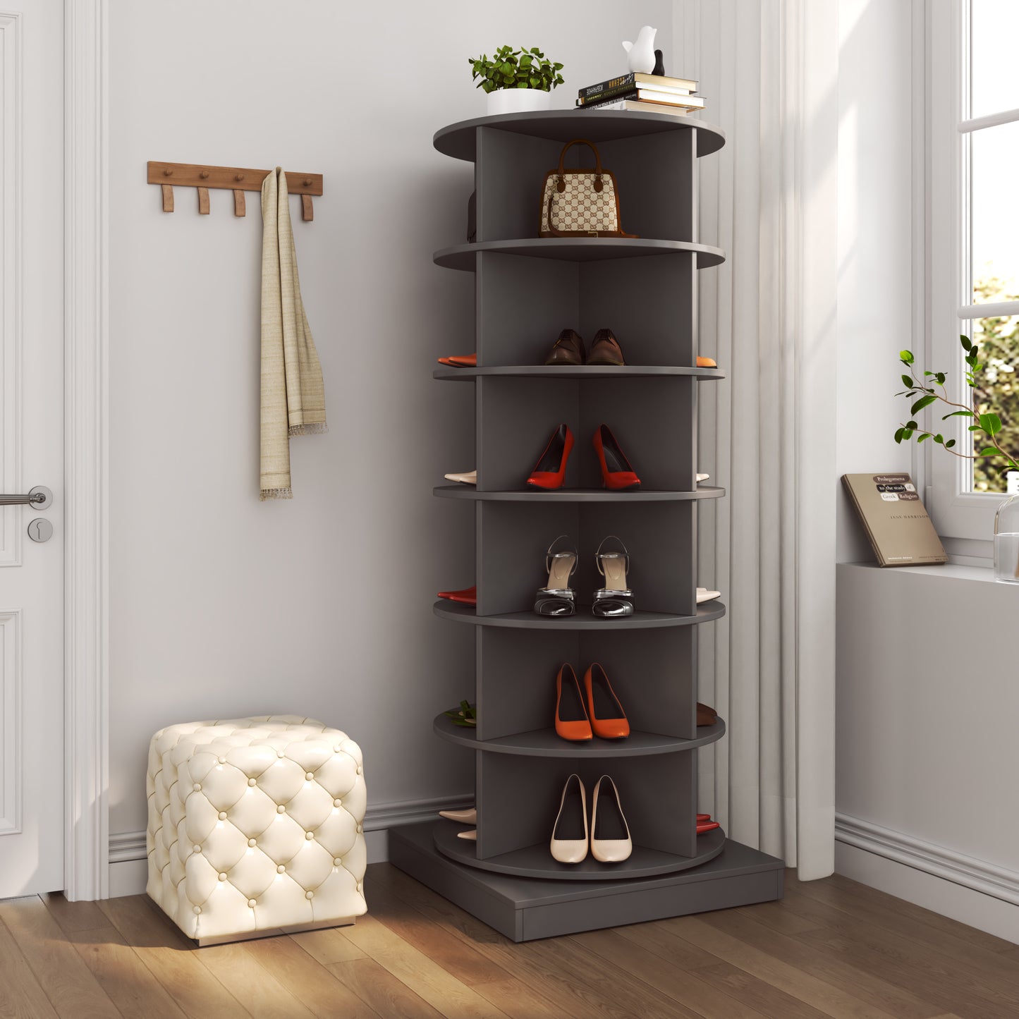 New 360-Degree Gray Rotating Shoe Cabinet with 7 Layers, Holds Up to 28 Pairs of Shoes