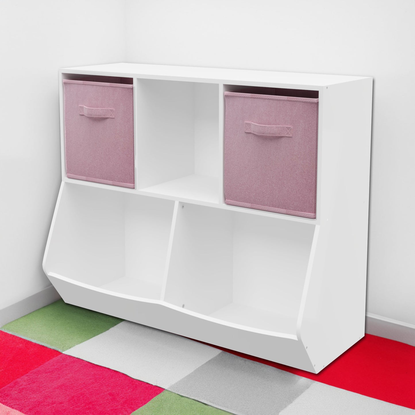 Kids Bookcase with Collapsible Fabric Drawers Children's Toy Storage Cabinet for Playroom White/Pink