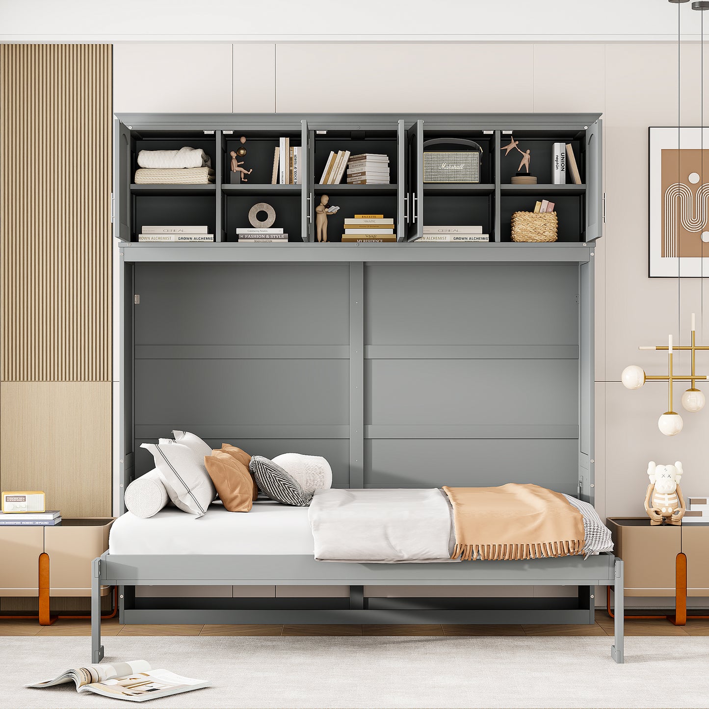 Full Size Murphy Bed Wall Bed with Top Cabinets, Gray Finish for Space-Saving Bedrooms