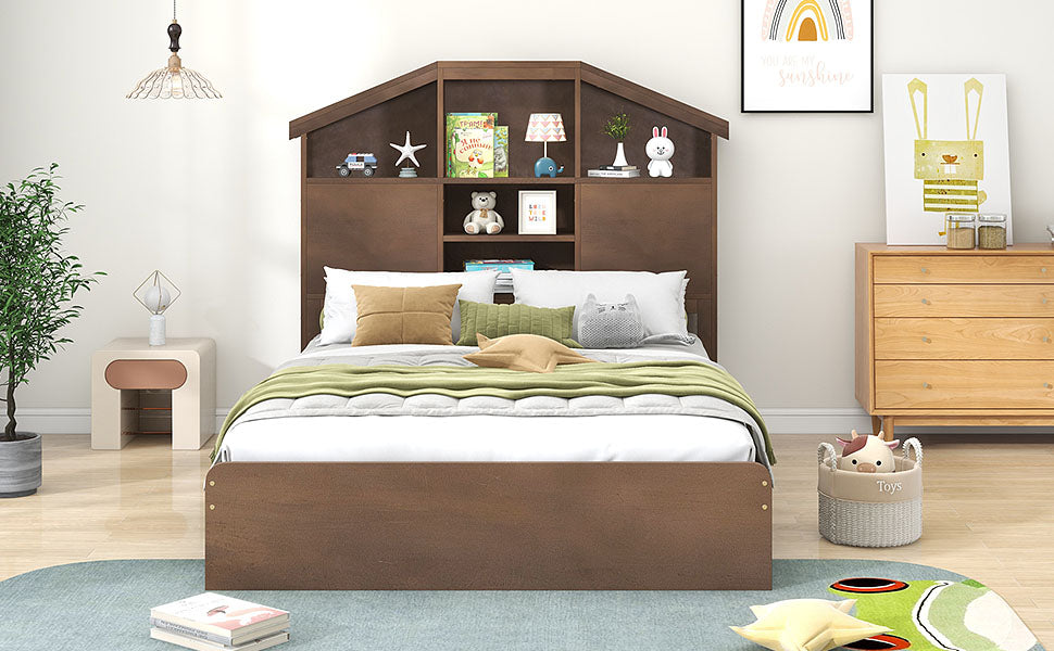 Full Size Wood Platform Bed with House-shaped Storage Headboard and 2 Drawers Walnut