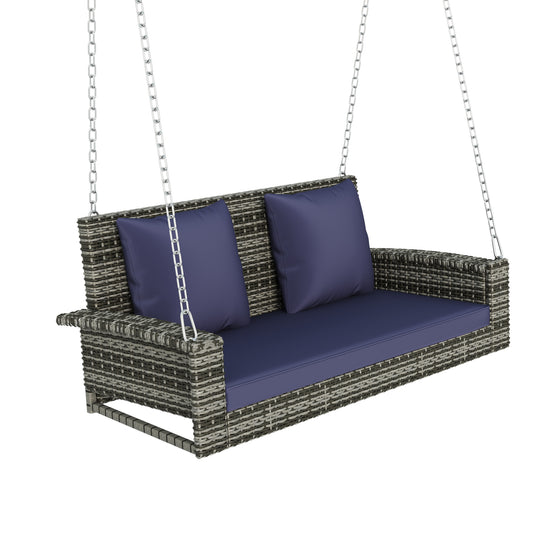 GO 2-Person Wicker Hanging Porch Swing with Chains(Gray Wicker Blue Cushion)