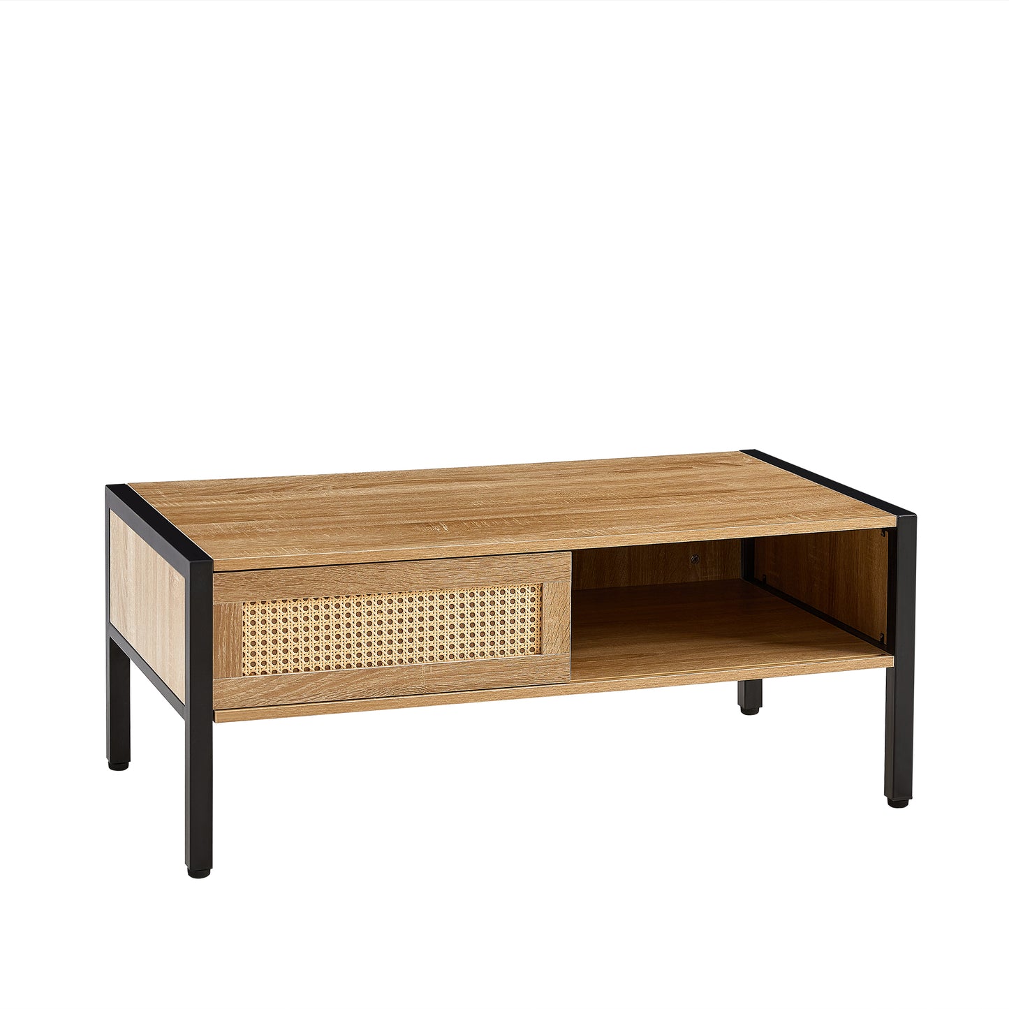 40.16" Rattan Coffee Table with Sliding Door Storage and Metal Legs, Modern Design for Living Rooms