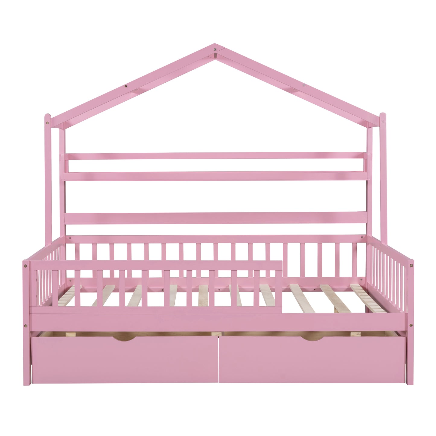 Wooden Full Size House Bed with 2 Drawers Kids Bed with Storage Shelf Pink