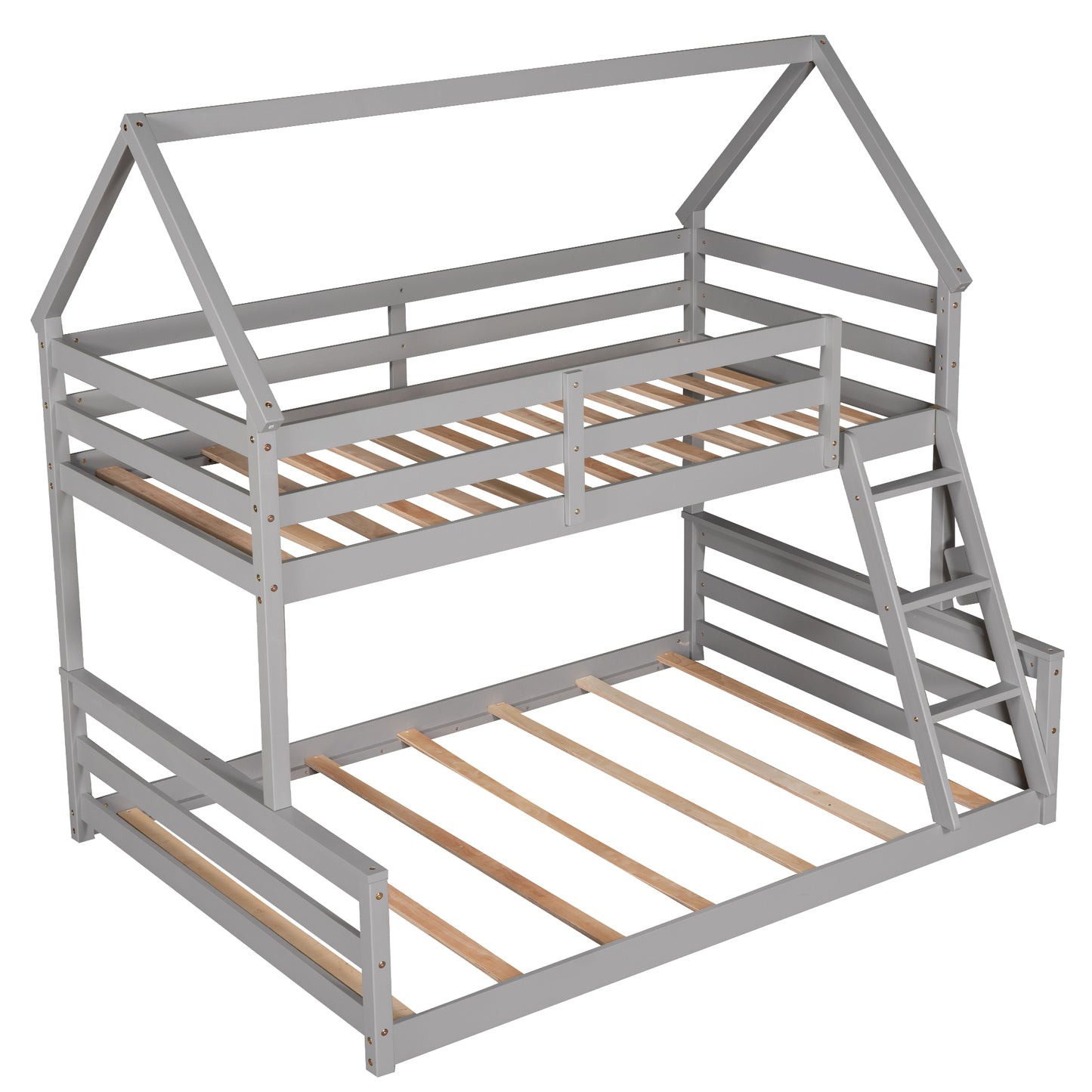 Twin over Full House Bunk Bed with Built-in Ladder Gray