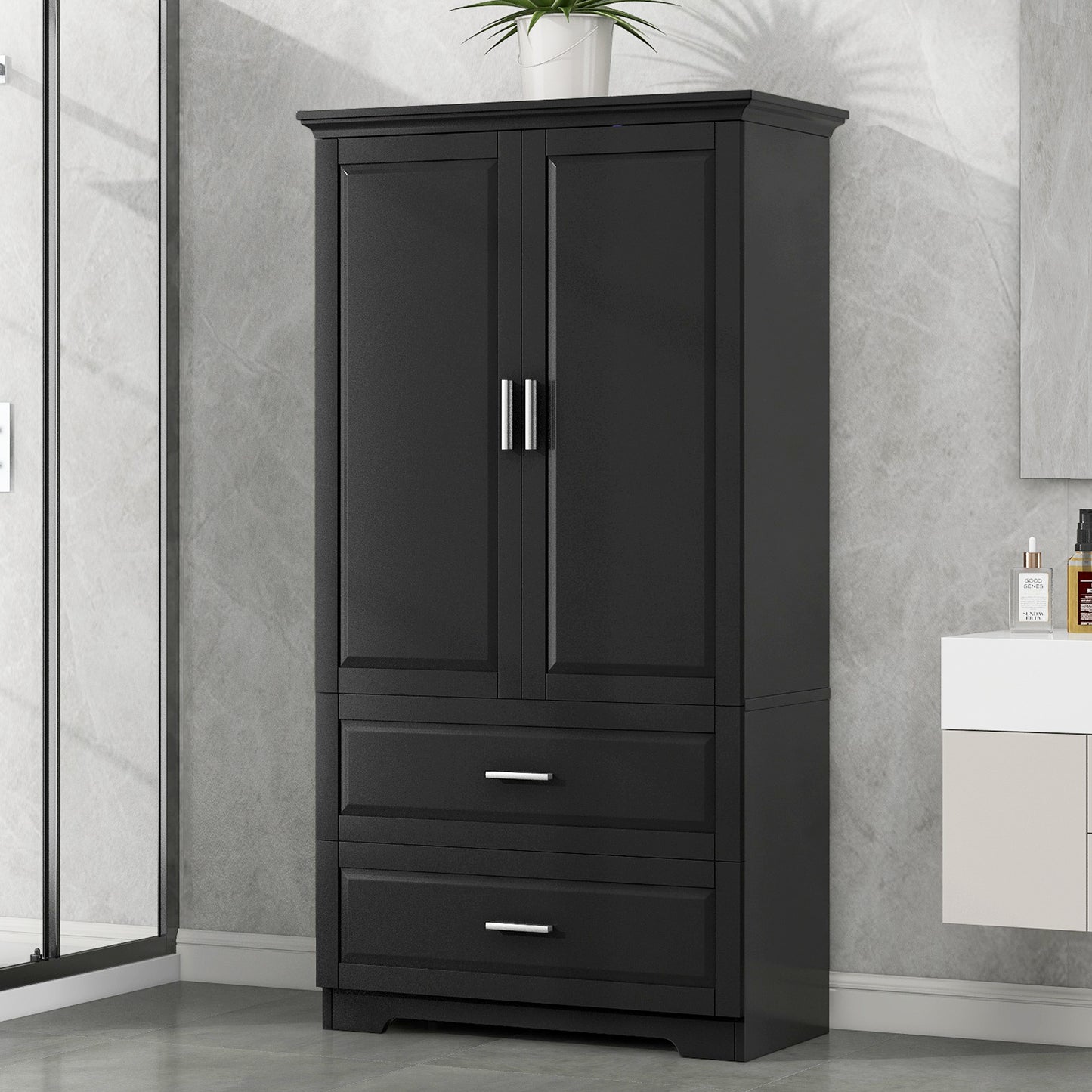 Mueble de baño alto con dos puertas y cajones, estante ajustable, tablero MDF, acabado negro