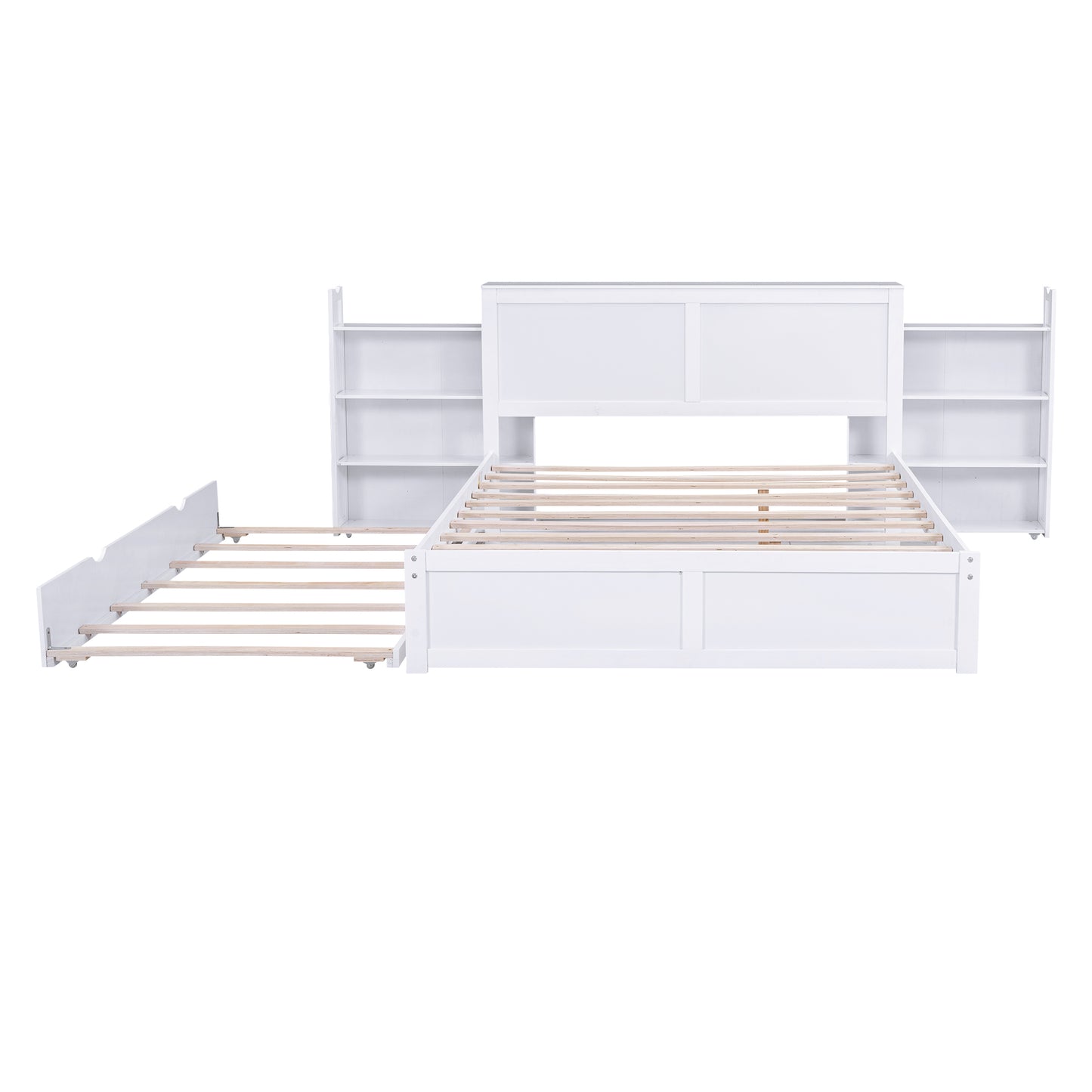 Queen Size Storage Platform Bed with Pull Out Shelves and Twin XL Size Trundle  White