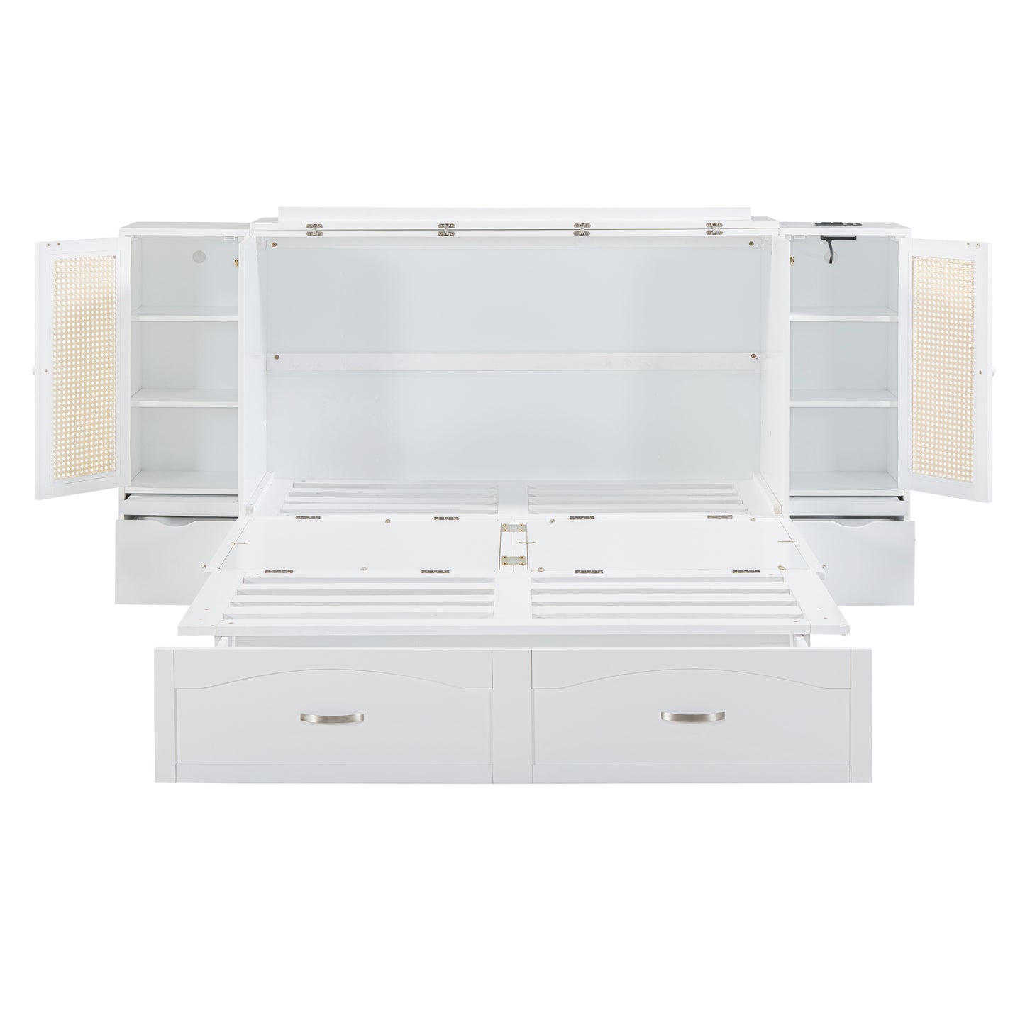 Cama plegable grande con cajones, gabinetes de almacenamiento y puertos USB, acabado blanco