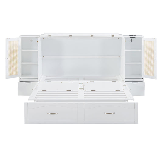 Cama plegable grande con cajones, gabinetes de almacenamiento y puertos USB, acabado blanco