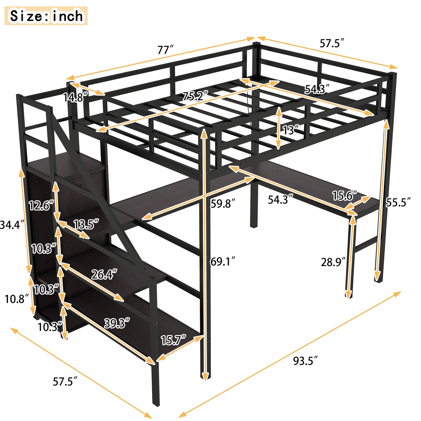 Cama alta de tamaño completo con escritorio en forma de L, puerto USB, armario y estante ajustable, color negro