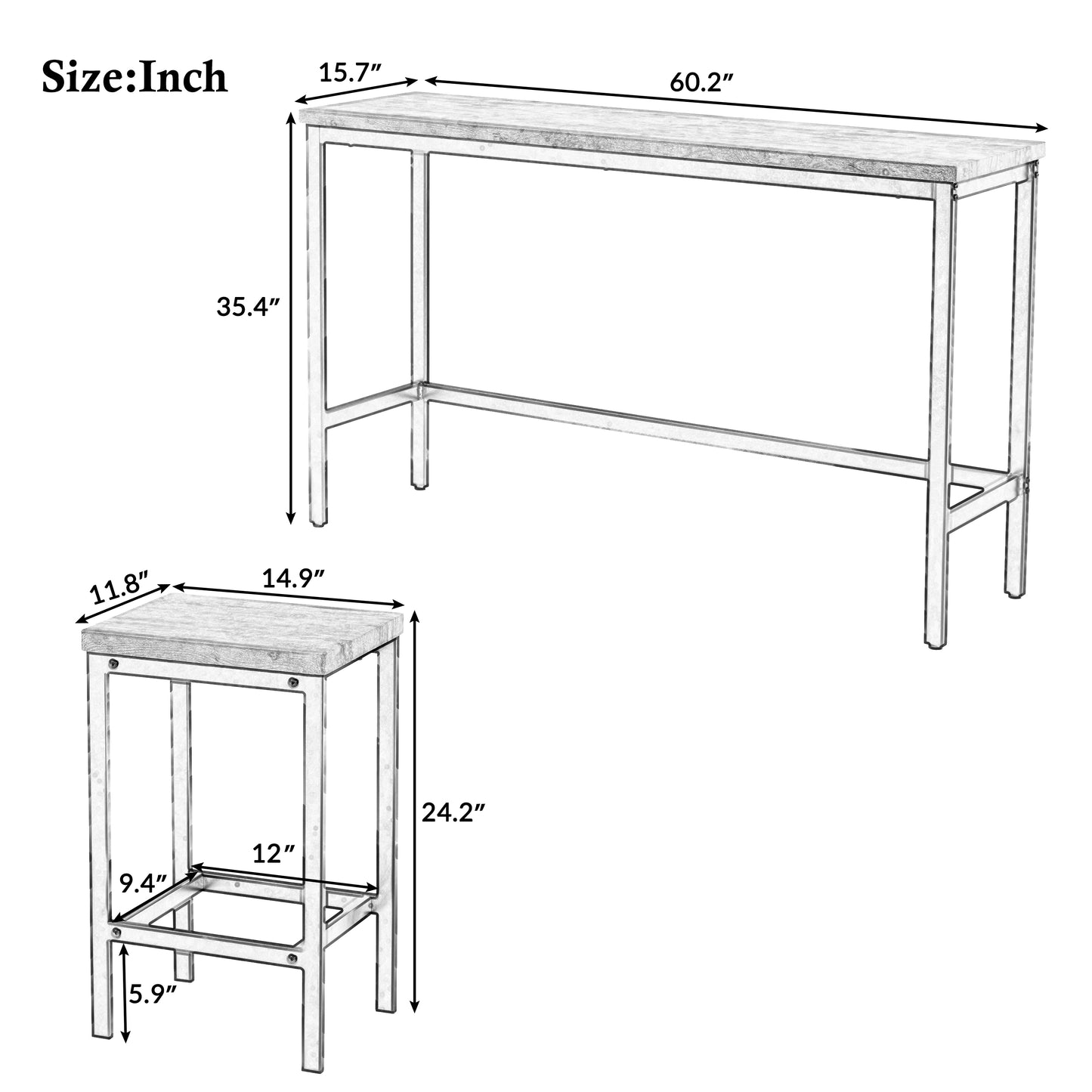 Juego de mesa de comedor extra larga de altura de mostrador TOPMAX con 3 taburetes, juego de cocina de pub en gris